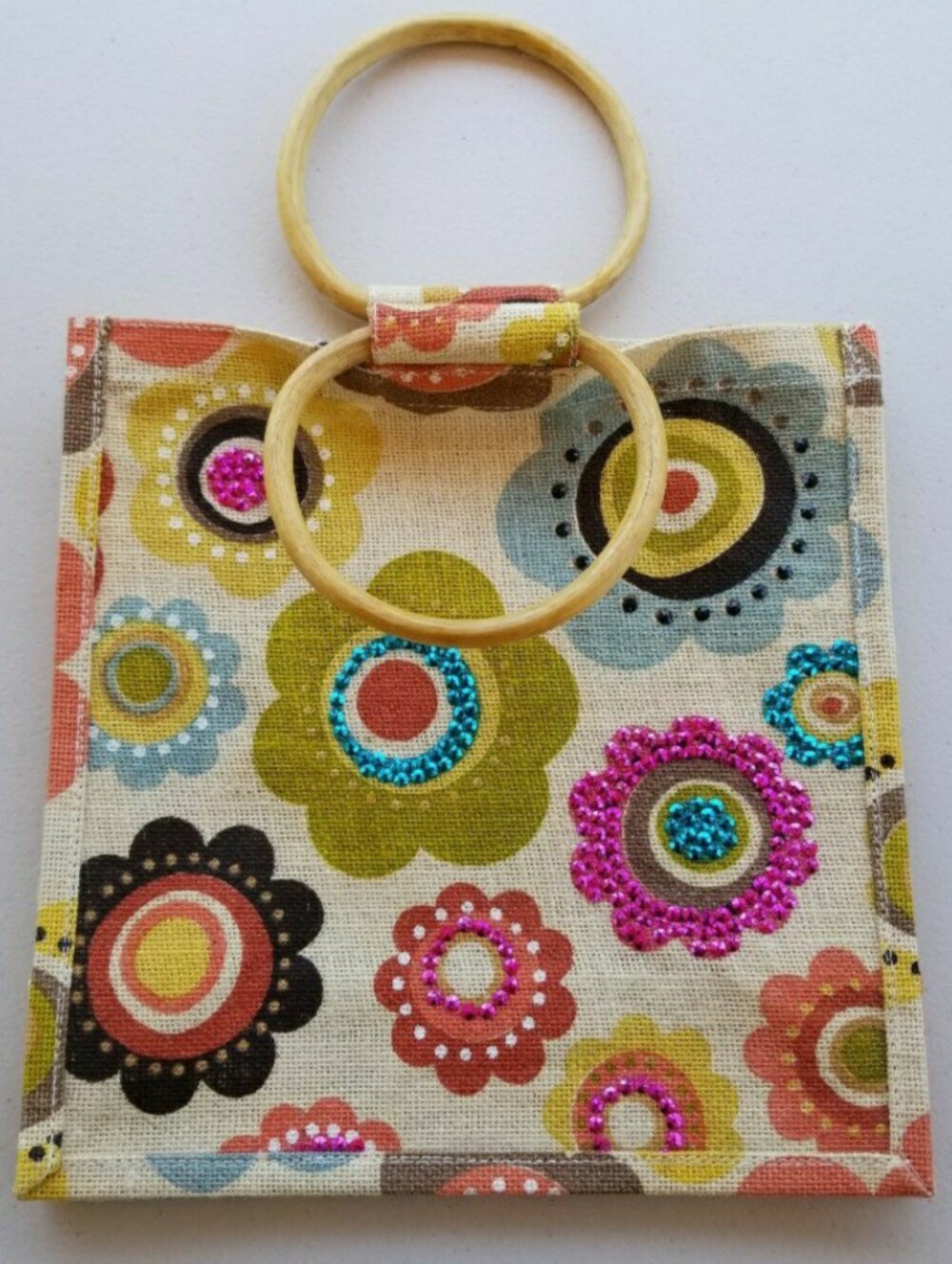 Vintage Floral Sequin Linen Wristlet Bag in Cream & Multicolor, Wood Handles
